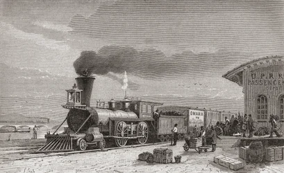 1867年のパシフィック鉄道の出発点であるネブラスカ州オマハの鉄道駅。チャールズラプラント（d.1903）によって刻まれた「世界の手」からのイラスト、1878年（en